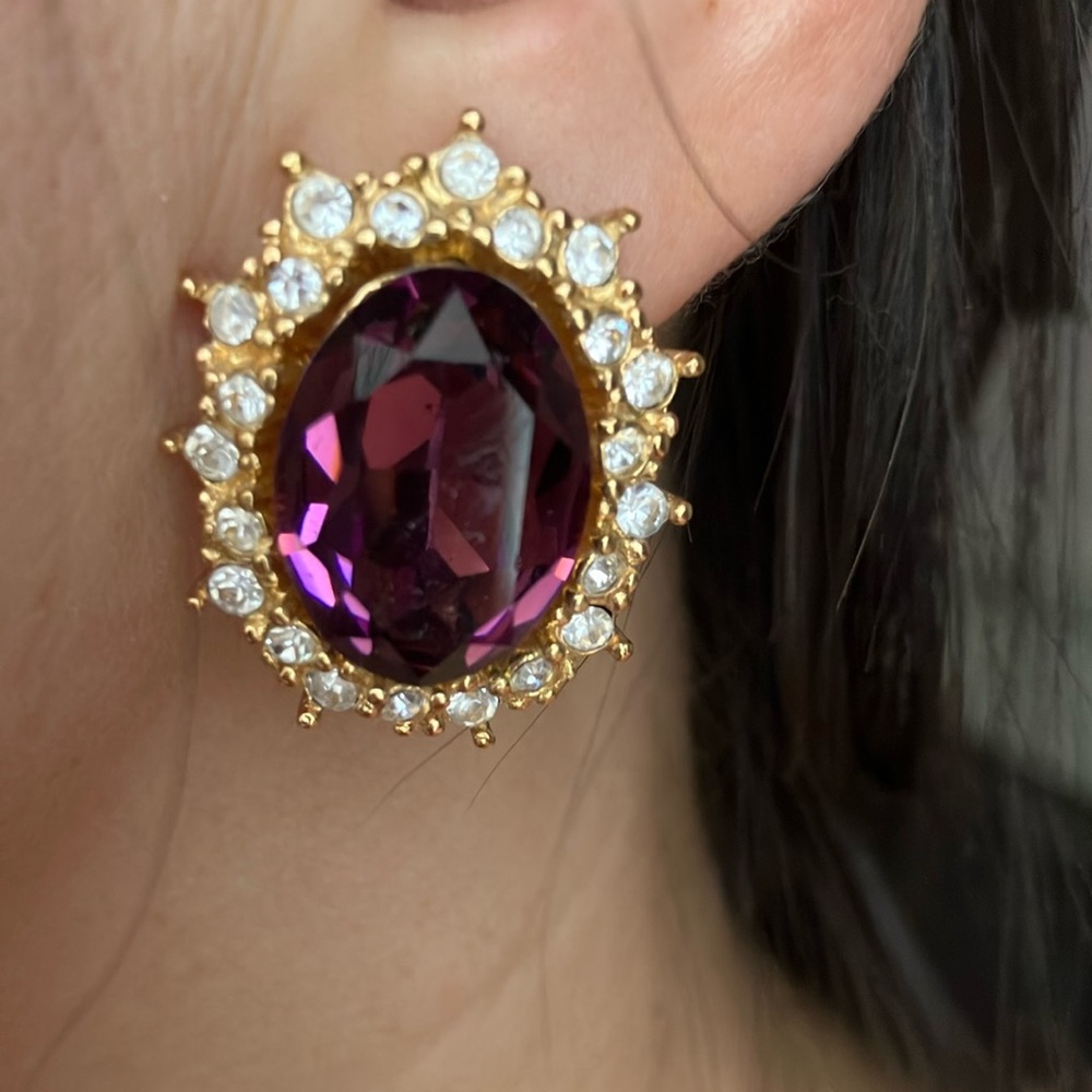 Christian Dior Vintage Earrings Purple Crystal Gold Oval Post Classic Statement